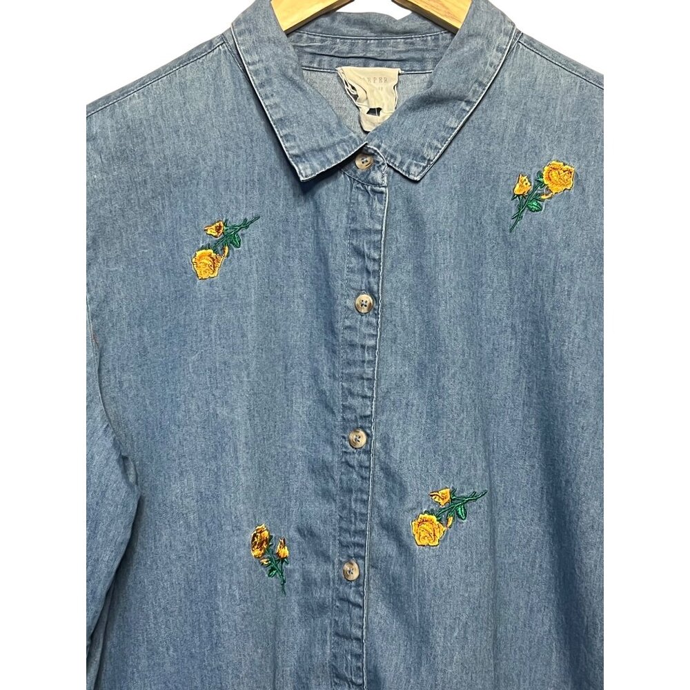 VTG Harper Heritage Women XL Denim Shirt Yellow Rose Embroidery Asymmetrical Hem - Picture 2 of 16